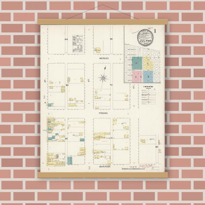 Old map wall art mockup — magnetic wood frame on brick wall — Sanborn Fire Insurance Map from Delano, Kern County, California (1892) - Complete Map Set