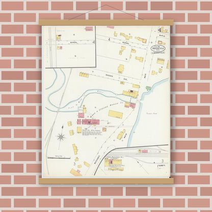 Old map wall art mockup — magnetic wood frame on brick wall — Sanborn Fire Insurance Map from Brookfield, Worcester County, Massachusetts (1898), Sheet #0004