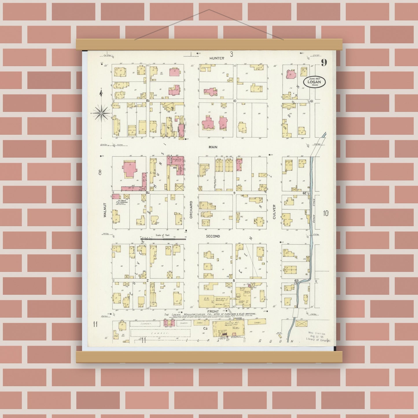 Old map wall art mockup — magnetic wood frame on brick wall — Sanborn Fire Insurance Map from Logan, Hocking County, Ohio (1907), Sheet #0009