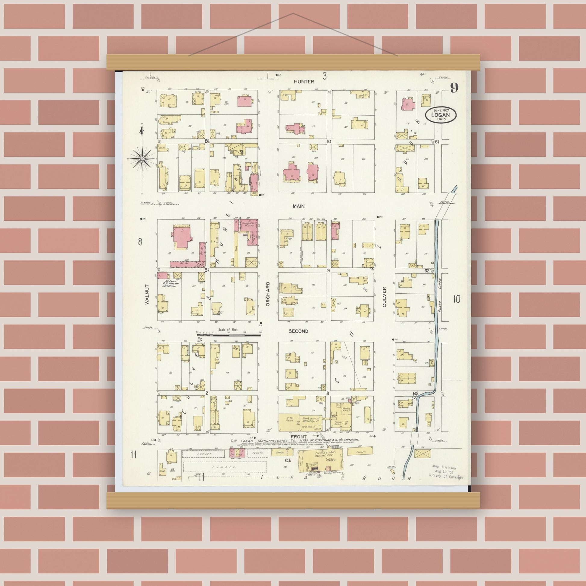 Old map wall art mockup — magnetic wood frame on brick wall — Sanborn Fire Insurance Map from Logan, Hocking County, Ohio (1907), Sheet #0009