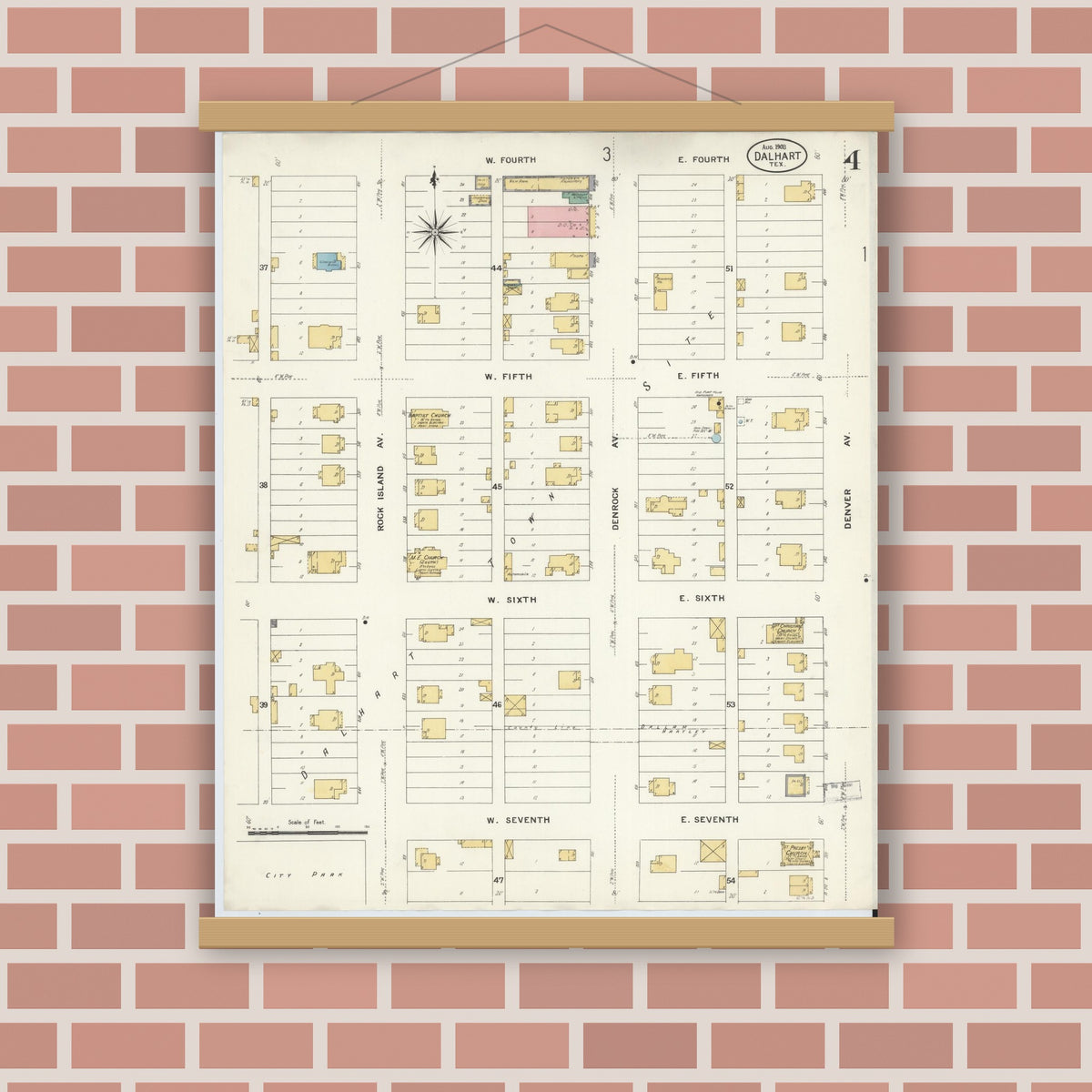 Old map wall art mockup — magnetic wood frame on brick wall — Sanborn Fire Insurance Map from Dalhart, Dallam And Hartley County, Texas (1908), Sheet #0004