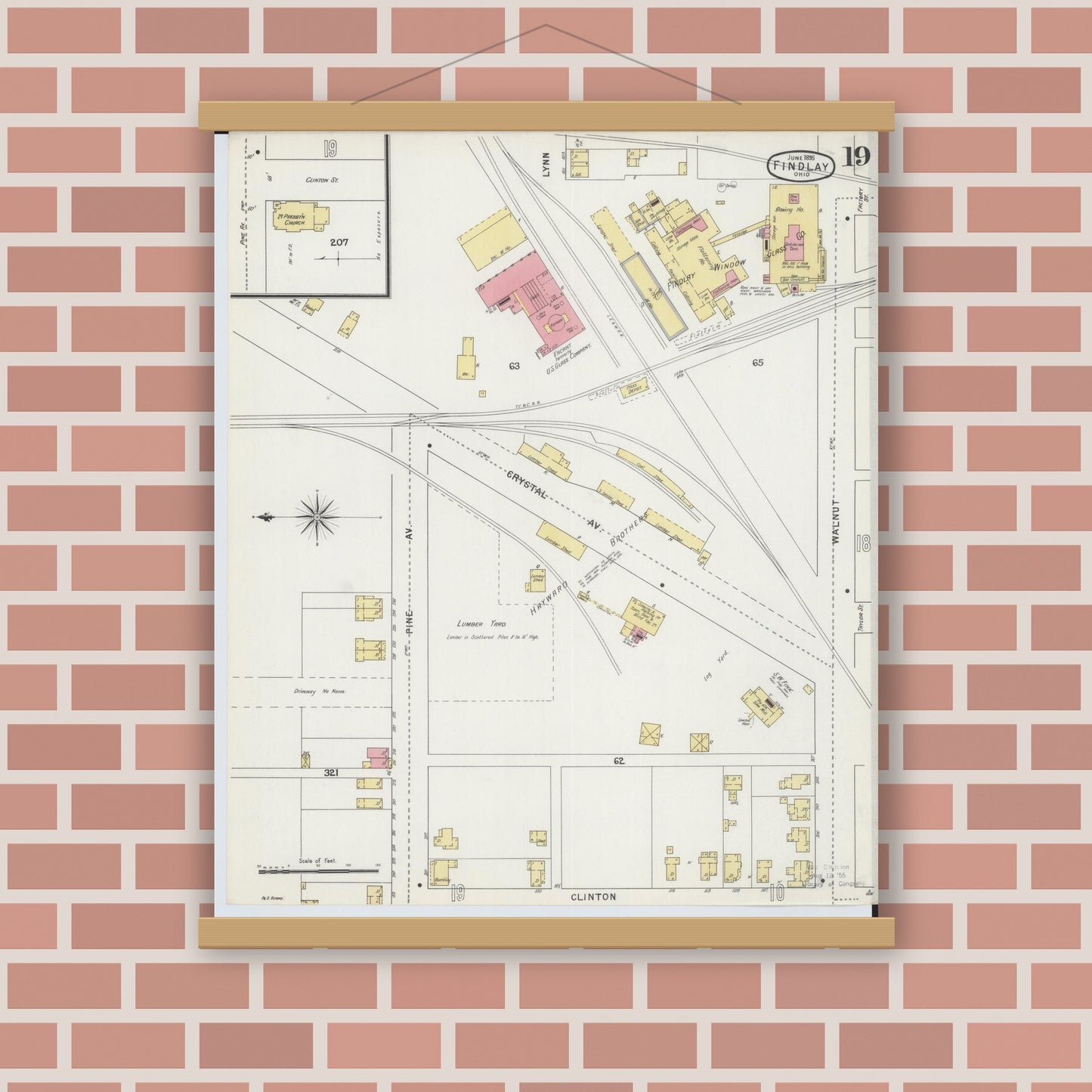 Old map wall art mockup — magnetic wood frame on brick wall — Sanborn Fire Insurance Map from Findlay, Hancock County, Ohio (1895), Sheet #0019