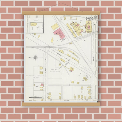 Old map wall art mockup — magnetic wood frame on brick wall — Sanborn Fire Insurance Map from Findlay, Hancock County, Ohio (1895), Sheet #0019