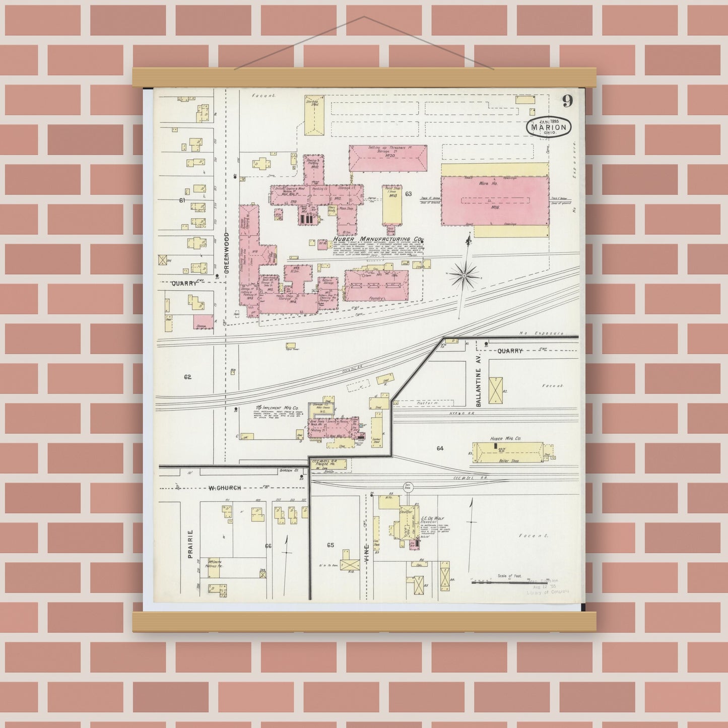 Old map wall art mockup — magnetic wood frame on brick wall — Sanborn Fire Insurance Map from Marion, Marion County, Ohio (1895), Sheet #0009