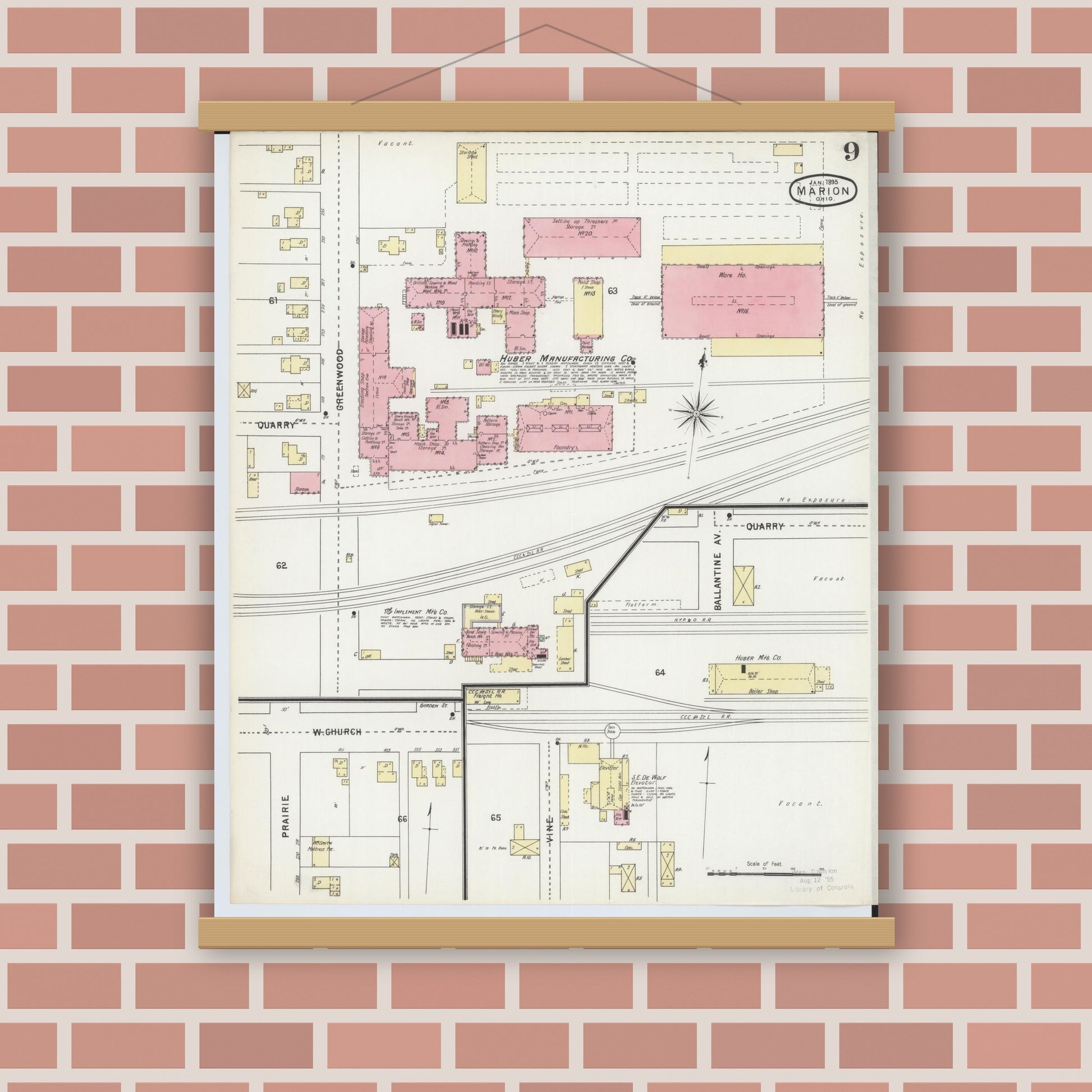 Old map wall art mockup — magnetic wood frame on brick wall — Sanborn Fire Insurance Map from Marion, Marion County, Ohio (1895), Sheet #0009