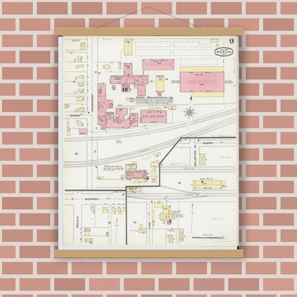 Old map wall art mockup — magnetic wood frame on brick wall — Sanborn Fire Insurance Map from Marion, Marion County, Ohio (1895), Sheet #0009