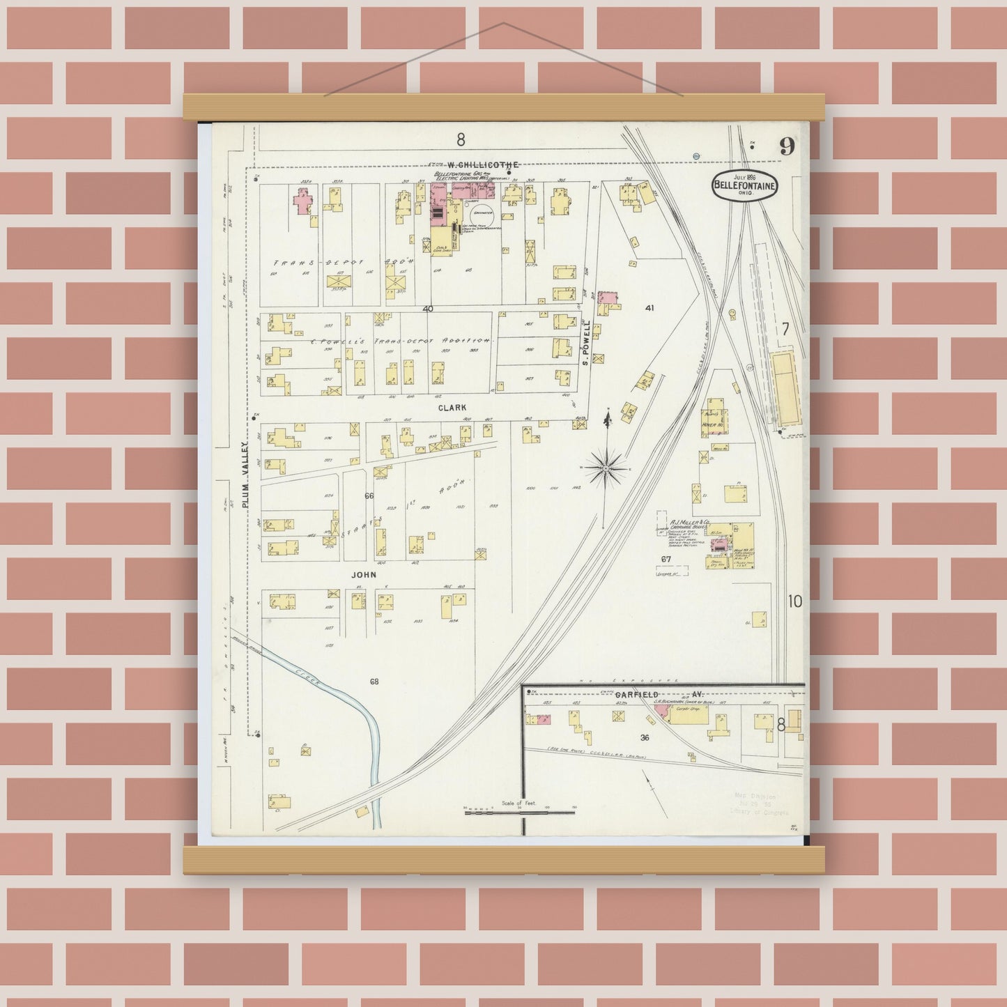 Old map wall art mockup — magnetic wood frame on brick wall — Sanborn Fire Insurance Map from Bellefontaine, Logan County, Ohio (1896), Sheet #0009