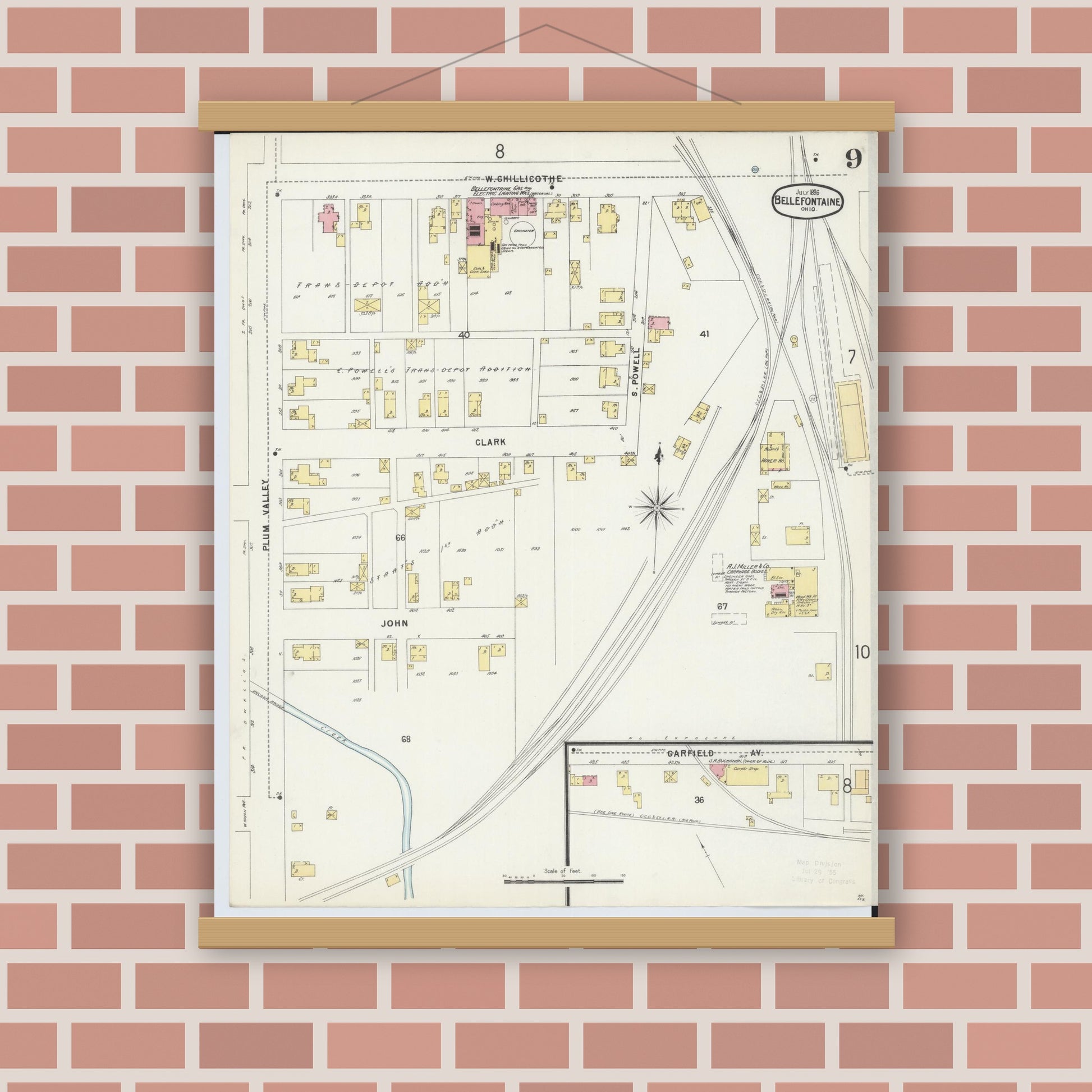 Old map wall art mockup — magnetic wood frame on brick wall — Sanborn Fire Insurance Map from Bellefontaine, Logan County, Ohio (1896), Sheet #0009