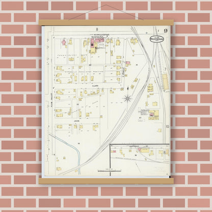 Old map wall art mockup — magnetic wood frame on brick wall — Sanborn Fire Insurance Map from Bellefontaine, Logan County, Ohio (1896), Sheet #0009
