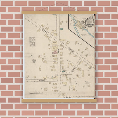 Old map wall art mockup — magnetic wood frame on brick wall — Sanborn Fire Insurance Map from Monroeton, Bradford County, Pennsylvania (1885) - Complete Map Set