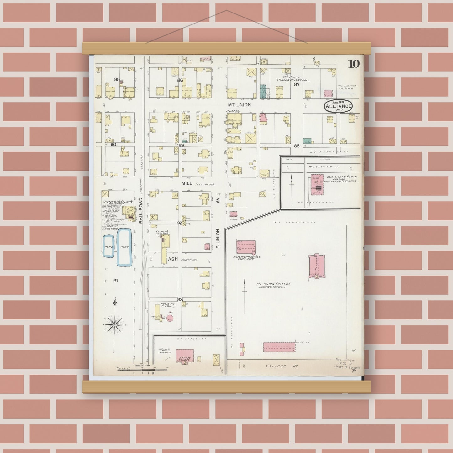 Old map wall art mockup — magnetic wood frame on brick wall — Sanborn Fire Insurance Map from Alliance, Stark County, Ohio (1892), Sheet #0010