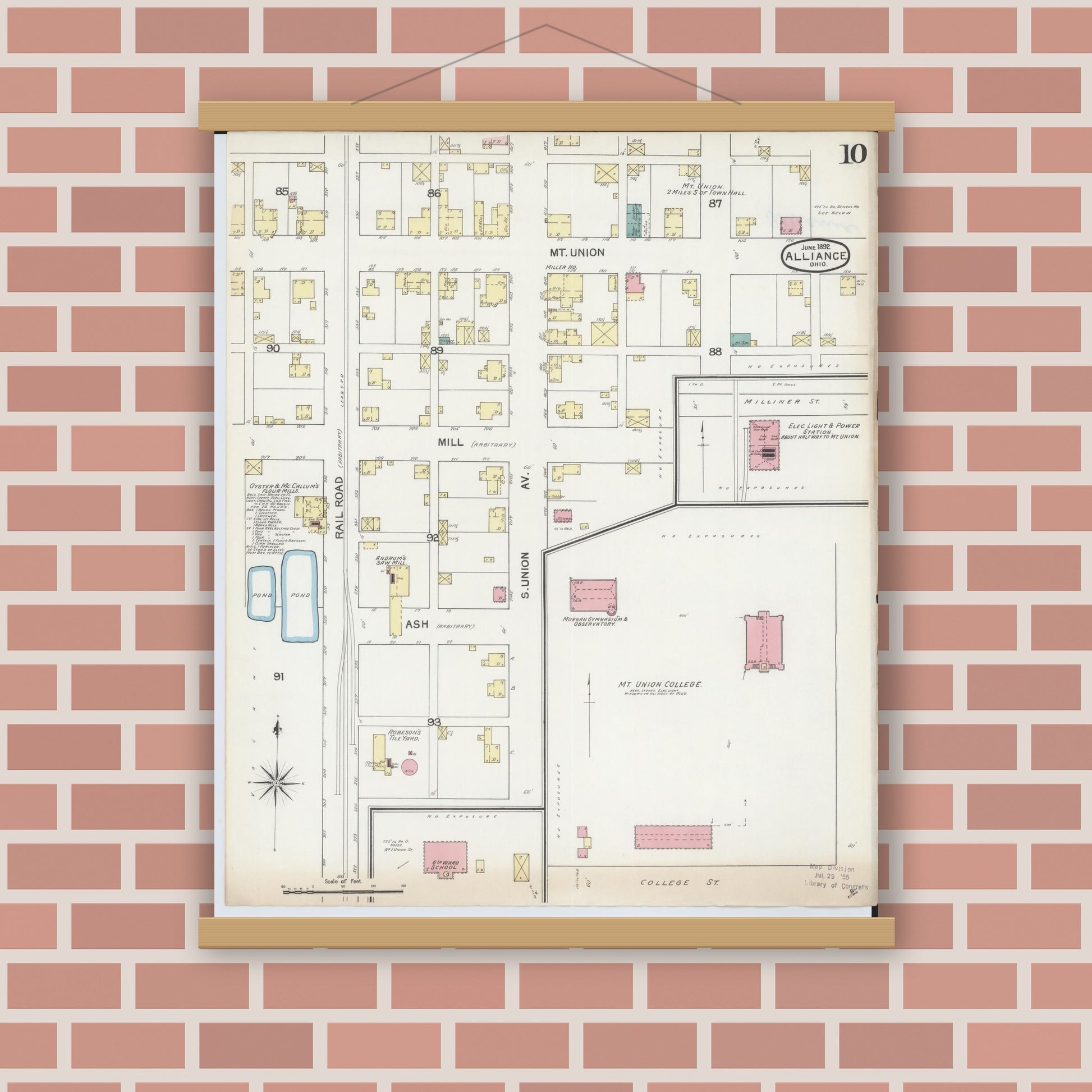 Old map wall art mockup — magnetic wood frame on brick wall — Sanborn Fire Insurance Map from Alliance, Stark County, Ohio (1892), Sheet #0010