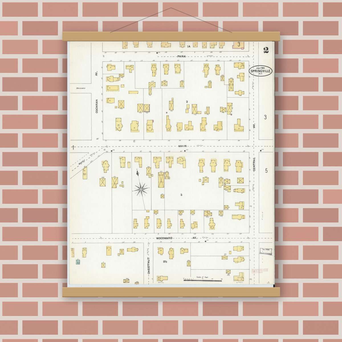 Old map wall art mockup — magnetic wood frame on brick wall — Sanborn Fire Insurance Map from Springville, Erie County, New York (1904), Sheet #0002