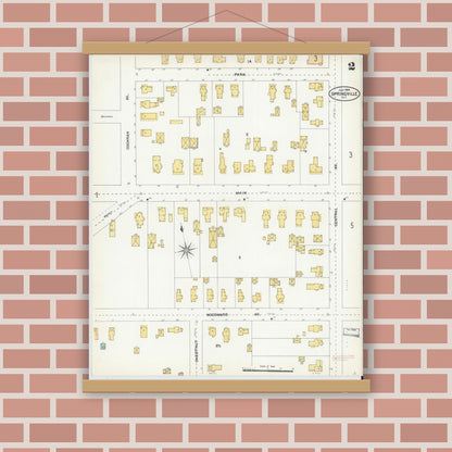 Old map wall art mockup — magnetic wood frame on brick wall — Sanborn Fire Insurance Map from Springville, Erie County, New York (1904), Sheet #0002
