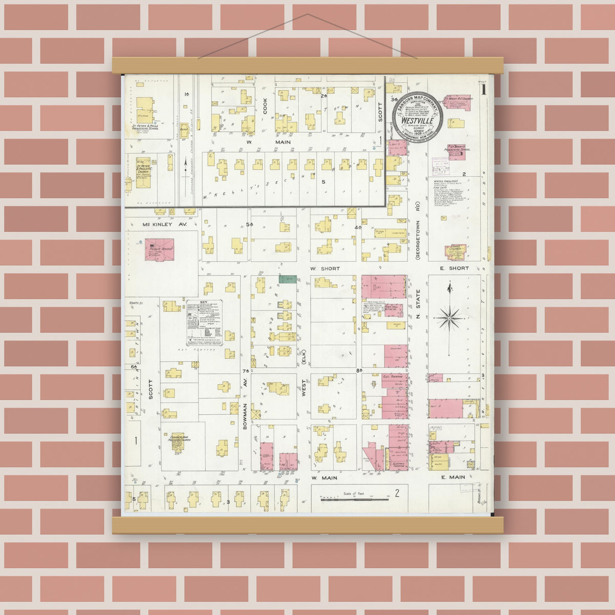 Old map wall art mockup — magnetic wood frame on brick wall — Sanborn Fire Insurance Map from Westville, Vermilion County, Illinois (1909), Sheet #0001