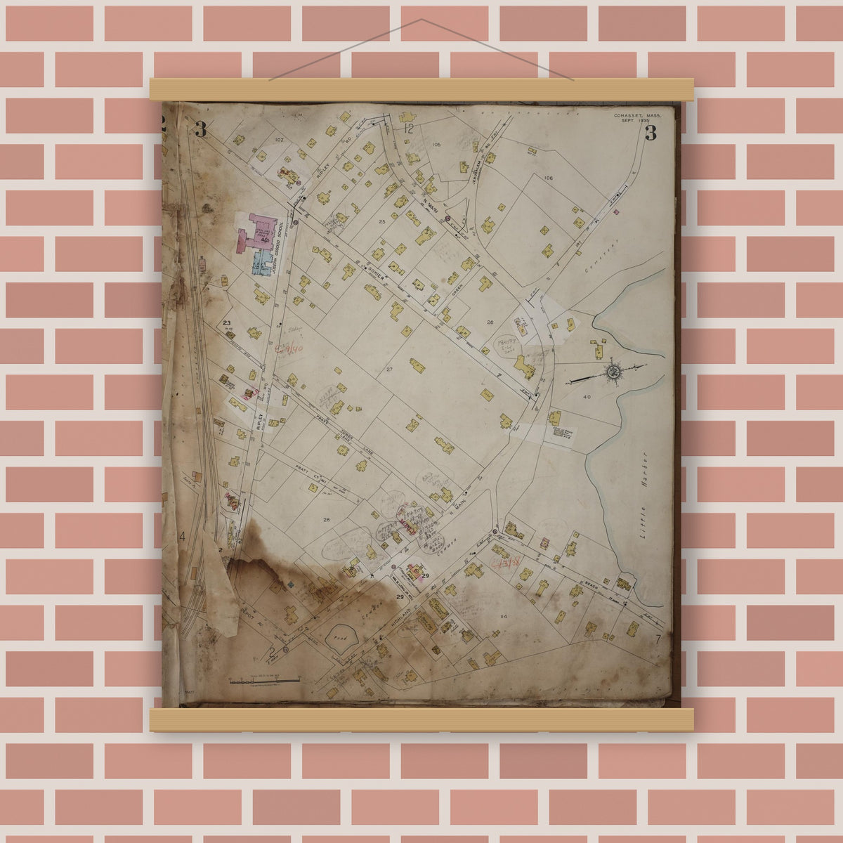 Old map wall art mockup — magnetic wood frame on brick wall — Sanborn Fire Insurance Map from Cohasset, Norfolk County, Massachusetts (1963), Sheet #0003