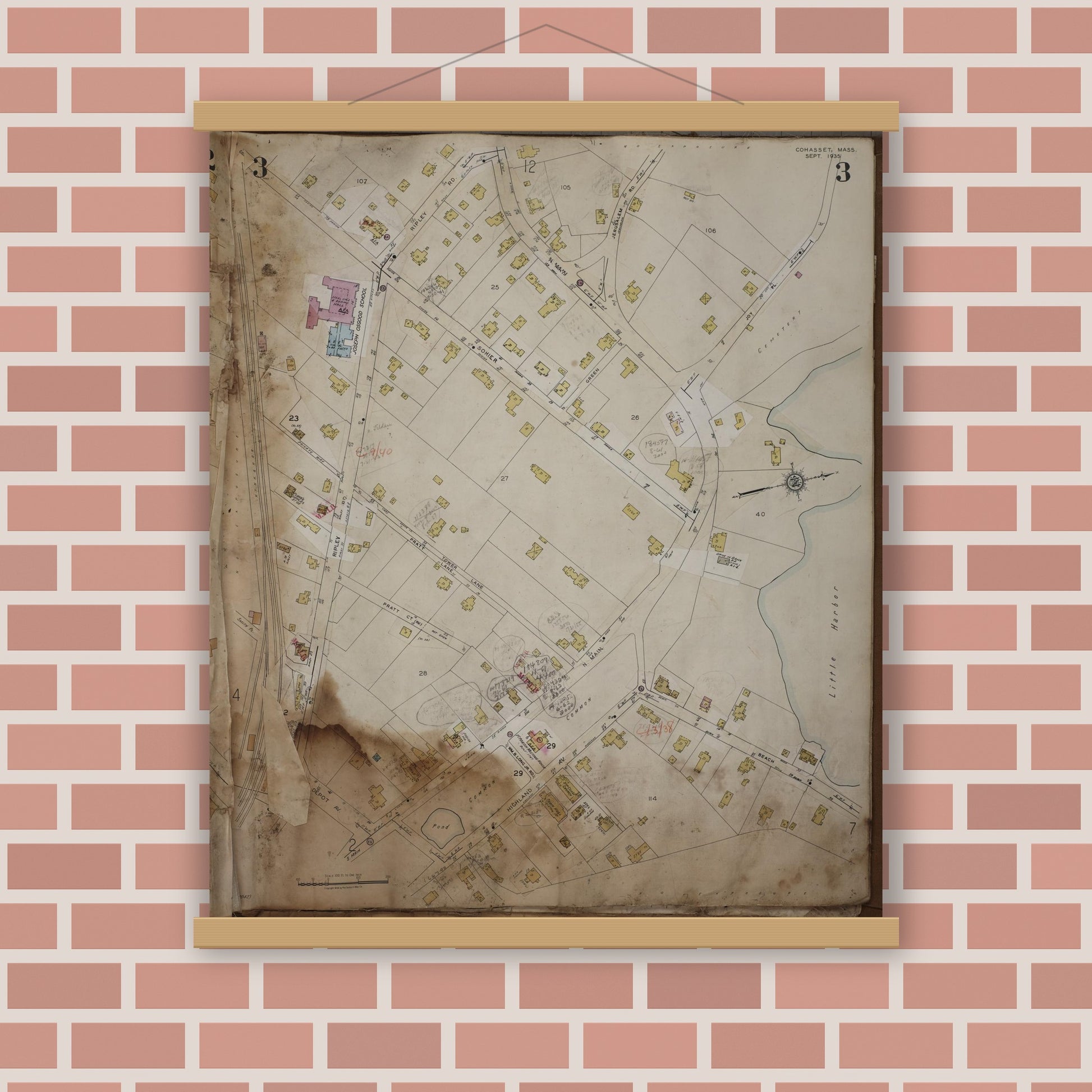 Old map wall art mockup — magnetic wood frame on brick wall — Sanborn Fire Insurance Map from Cohasset, Norfolk County, Massachusetts (1963), Sheet #0003