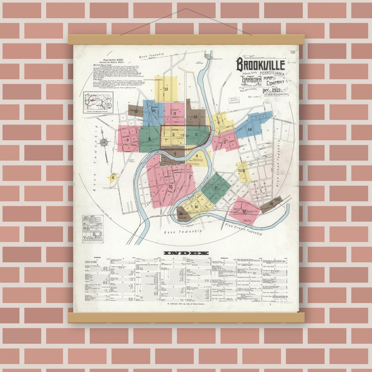 Old map wall art mockup — magnetic wood frame on brick wall — Sanborn Fire Insurance Map from Brookville, Jefferson County, Pennsylvania (1921) - Complete Map Set