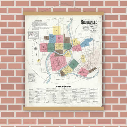 Old map wall art mockup — magnetic wood frame on brick wall — Sanborn Fire Insurance Map from Brookville, Jefferson County, Pennsylvania (1921) - Complete Map Set