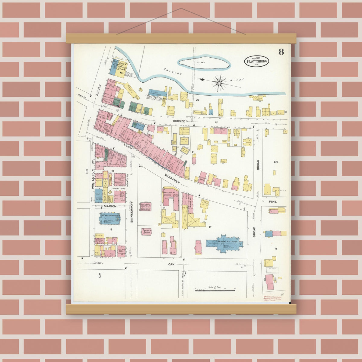 Old map wall art mockup — magnetic wood frame on brick wall — Sanborn Fire Insurance Map from Plattsburg, Clinton County, New York (1909), Sheet #0007