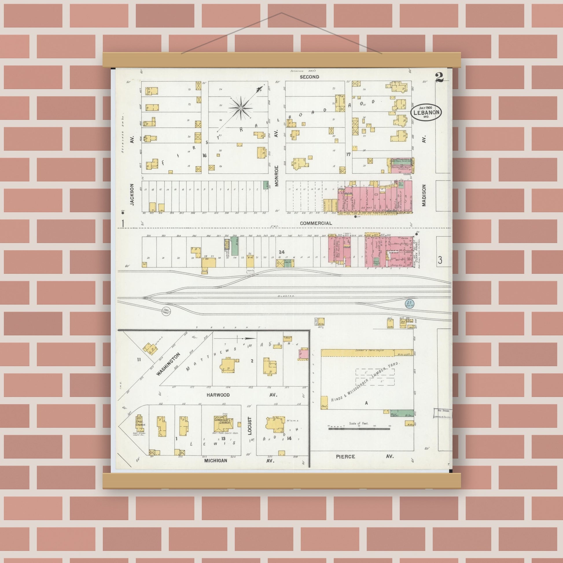 Old map wall art mockup — magnetic wood frame on brick wall — Sanborn Fire Insurance Map from Lebanon, Laclede County, Missouri (1900), Sheet #0002