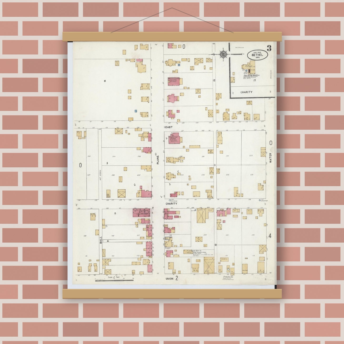 Old map wall art mockup — magnetic wood frame on brick wall — Sanborn Fire Insurance Map from Bethel, Clermont County, Ohio (1912), Sheet #0003