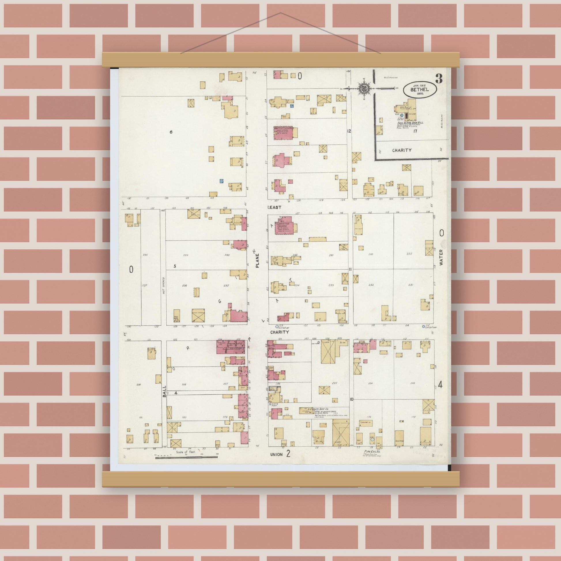 Old map wall art mockup — magnetic wood frame on brick wall — Sanborn Fire Insurance Map from Bethel, Clermont County, Ohio (1912), Sheet #0003