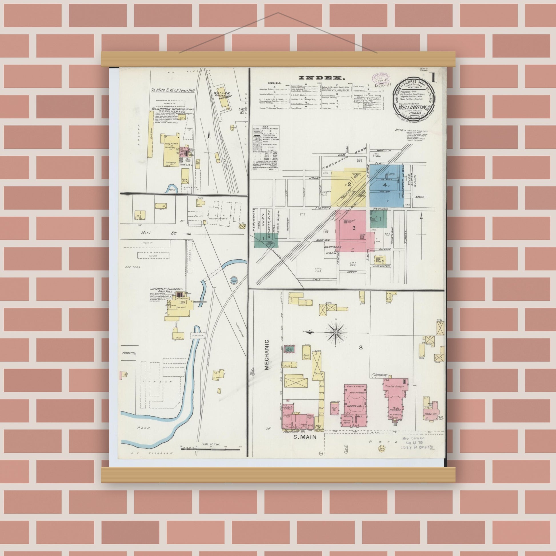 Old map wall art mockup — magnetic wood frame on brick wall — Sanborn Fire Insurance Map from Wellington, Lorain County, Ohio (1893) - Complete Map Set