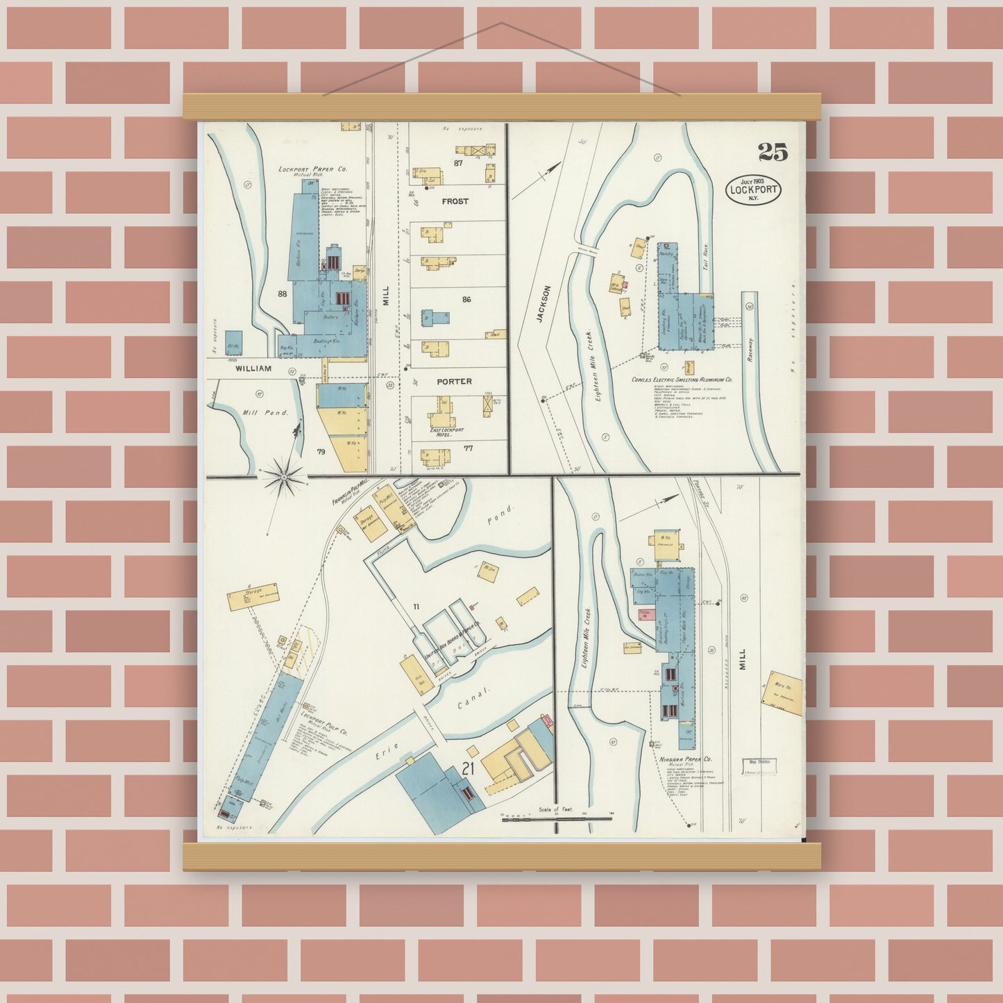 Old map wall art mockup — magnetic wood frame on brick wall — Sanborn Fire Insurance Map from Lockport, Niagara County, New York (1903), Sheet #0025