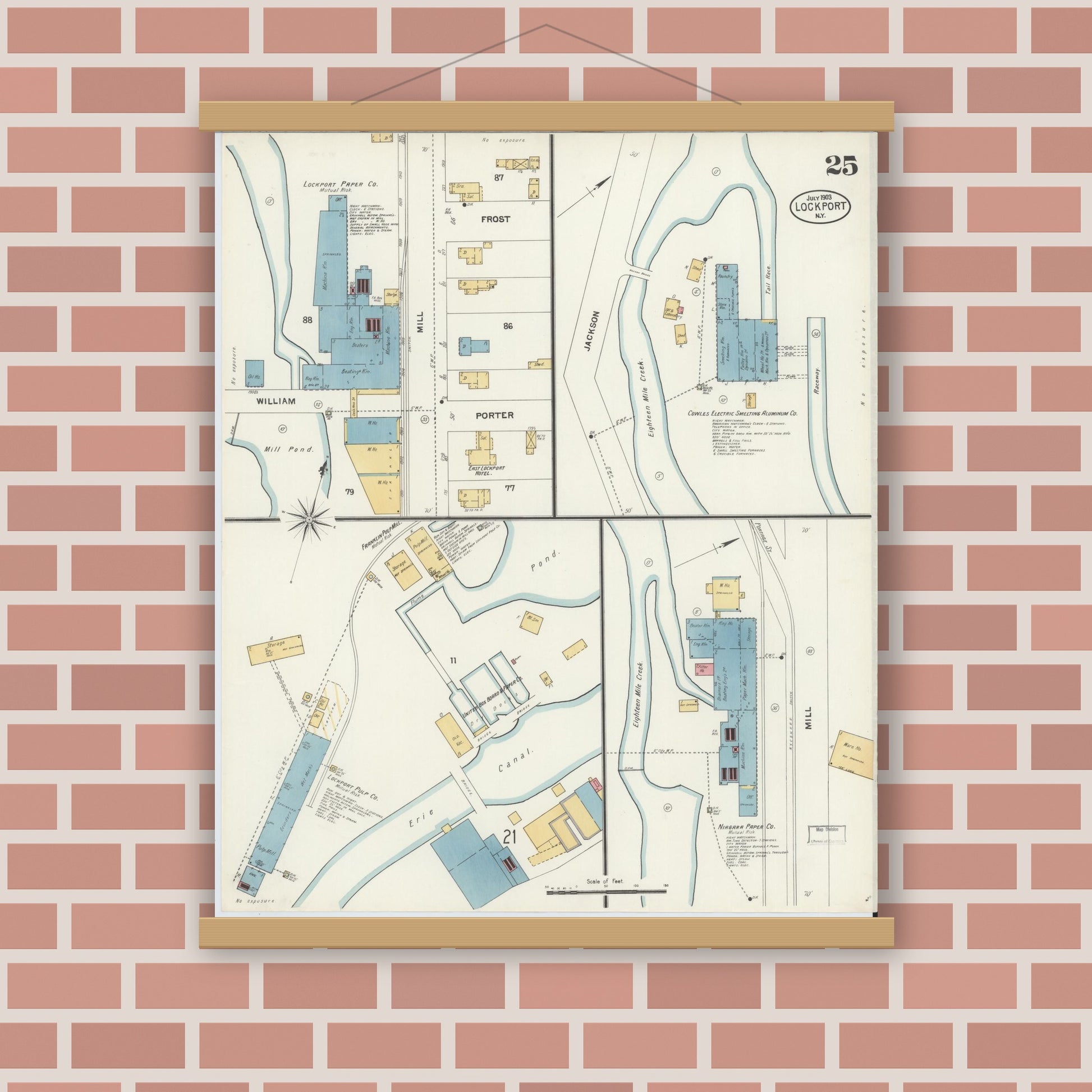Old map wall art mockup — magnetic wood frame on brick wall — Sanborn Fire Insurance Map from Lockport, Niagara County, New York (1903), Sheet #0025
