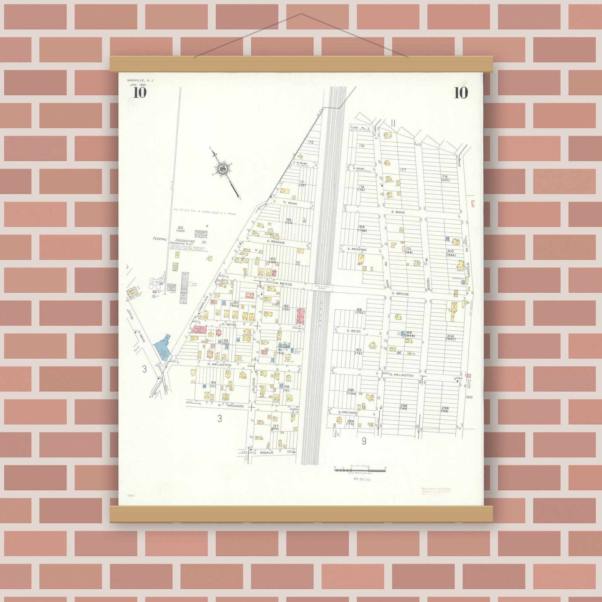 Old map wall art mockup — magnetic wood frame on brick wall — Sanborn Fire Insurance Map from Manville, Somerset County, New Jersey (1945), Sheet #0010