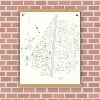 Old map wall art mockup — magnetic wood frame on brick wall — Sanborn Fire Insurance Map from Manville, Somerset County, New Jersey (1945), Sheet #0010
