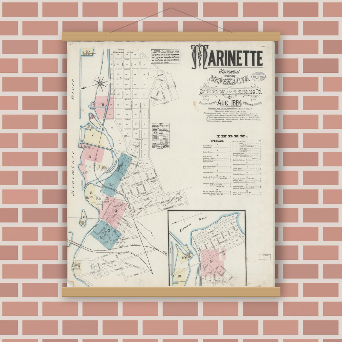 Old map wall art mockup — magnetic wood frame on brick wall — Sanborn Fire Insurance Map from Marinette, Marinette County, Wisconsin (1884), Sheet #0001
