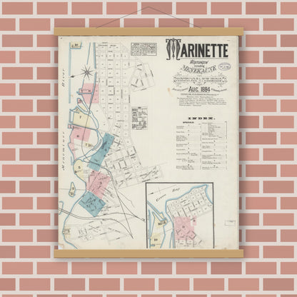 Old map wall art mockup — magnetic wood frame on brick wall — Sanborn Fire Insurance Map from Marinette, Marinette County, Wisconsin (1884), Sheet #0001