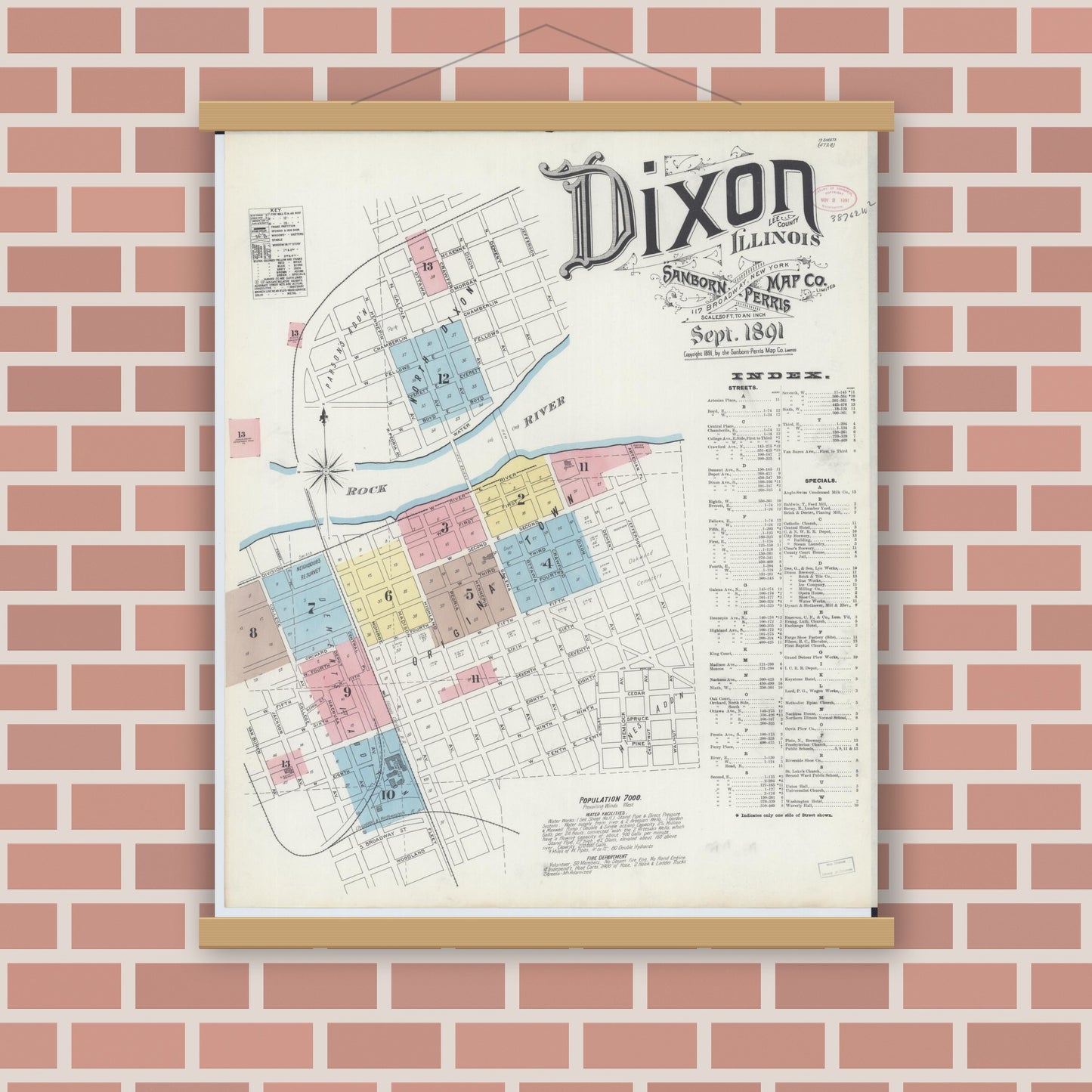 Old map wall art mockup — magnetic wood frame on brick wall — Sanborn Fire Insurance Map from Dixon, Lee County, Illinois (1891) - Complete Map Set