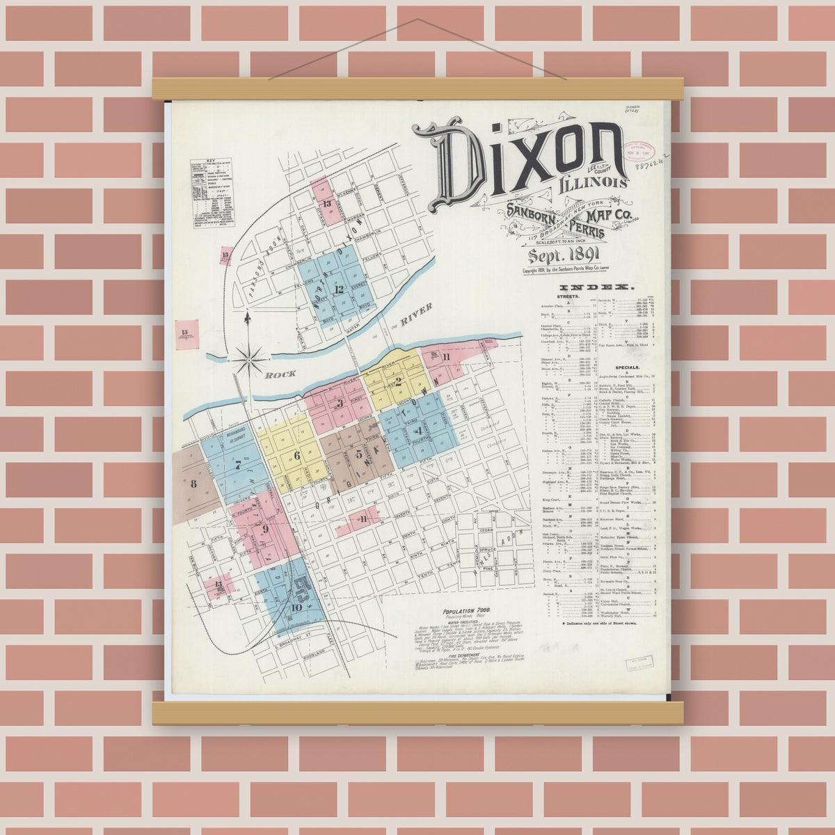 Old map wall art mockup — magnetic wood frame on brick wall — Sanborn Fire Insurance Map from Dixon, Lee County, Illinois (1891) - Complete Map Set