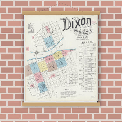 Old map wall art mockup — magnetic wood frame on brick wall — Sanborn Fire Insurance Map from Dixon, Lee County, Illinois (1891) - Complete Map Set