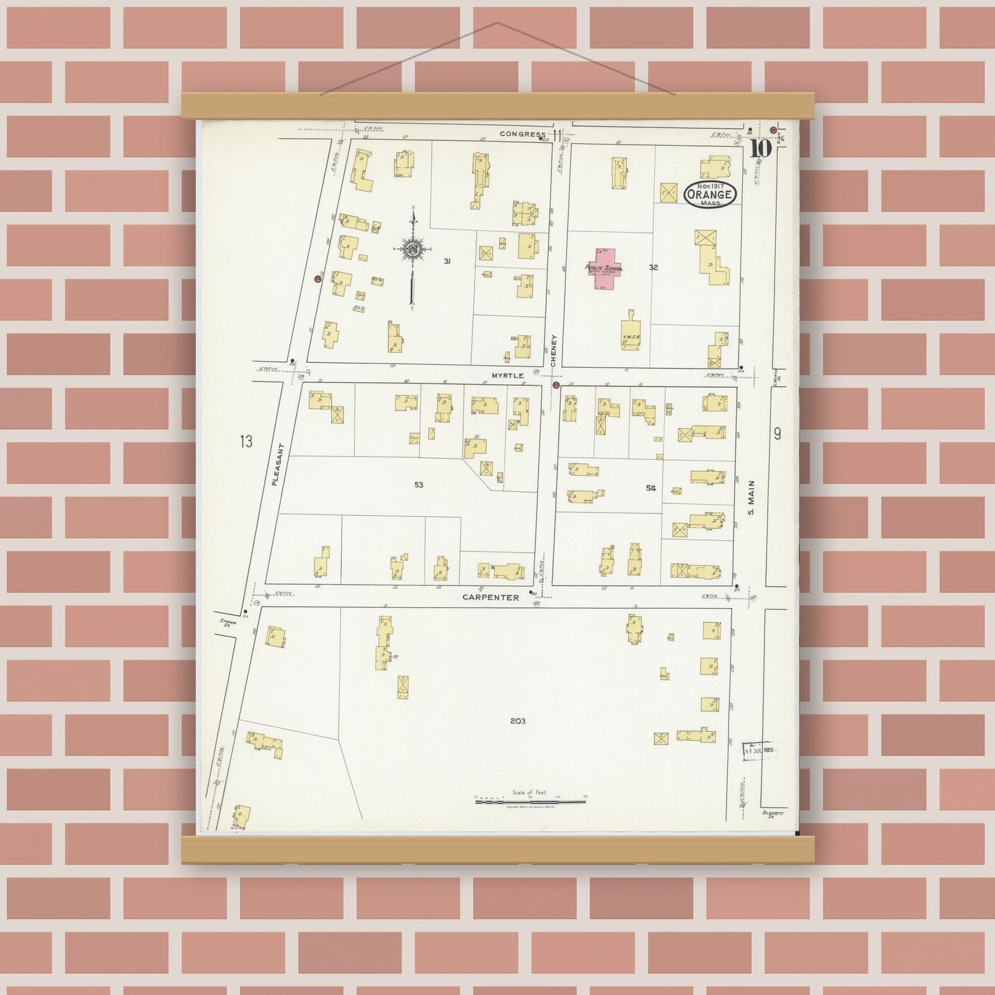 Old map wall art mockup — magnetic wood frame on brick wall — Sanborn Fire Insurance Map from Orange, Franklin County, Massachusetts (1917), Sheet #0010