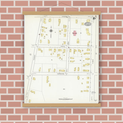 Old map wall art mockup — magnetic wood frame on brick wall — Sanborn Fire Insurance Map from Orange, Franklin County, Massachusetts (1917), Sheet #0010