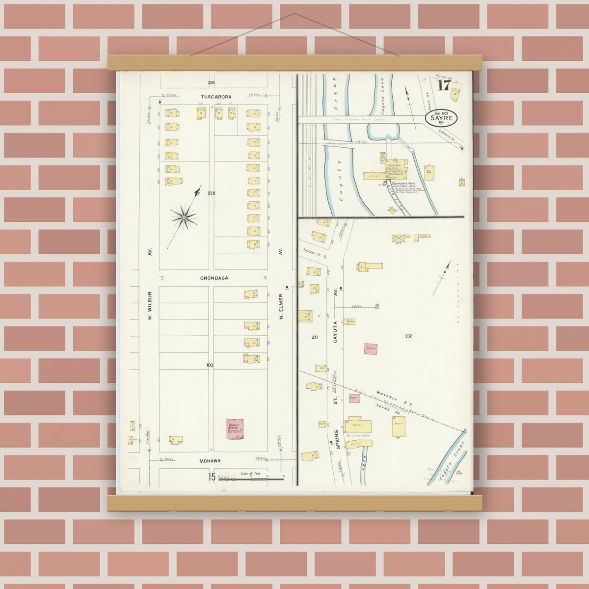Old map wall art mockup — magnetic wood frame on brick wall — Sanborn Fire Insurance Map from Sayre, Bradford County, Pennsylvania (1909), Sheet #0017