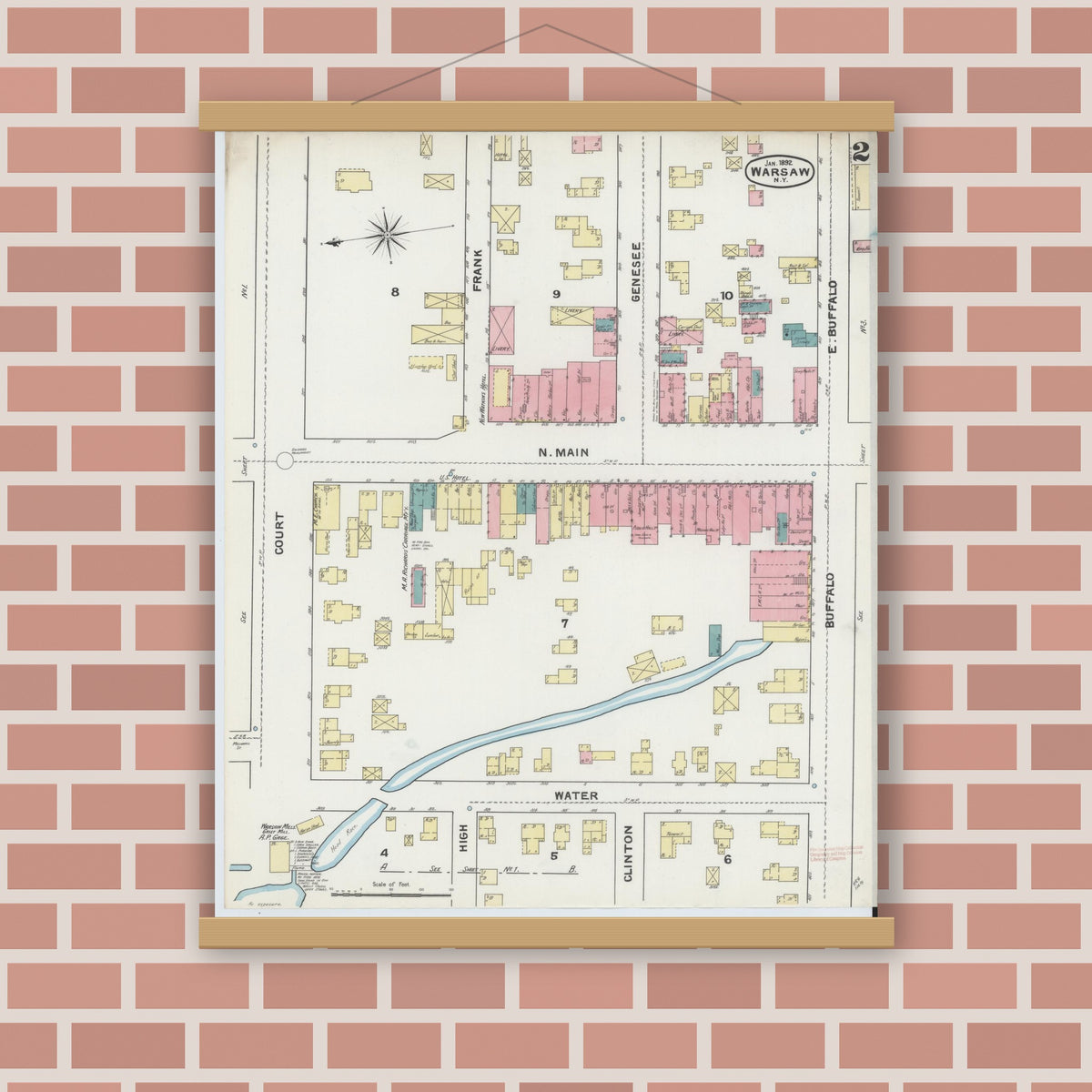 Old map wall art mockup — magnetic wood frame on brick wall — Sanborn Fire Insurance Map from Warsaw, Wyoming County, New York (1892), Sheet #0002