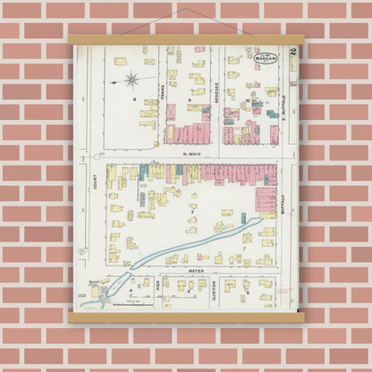 Old map wall art mockup — magnetic wood frame on brick wall — Sanborn Fire Insurance Map from Warsaw, Wyoming County, New York (1892), Sheet #0002