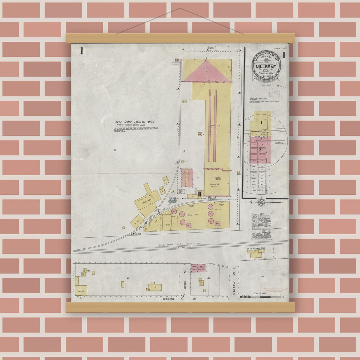 Old map wall art mockup — magnetic wood frame on brick wall — Sanborn Fire Insurance Map from Millbrae, San Mateo County, California (1926) - Complete Map Set