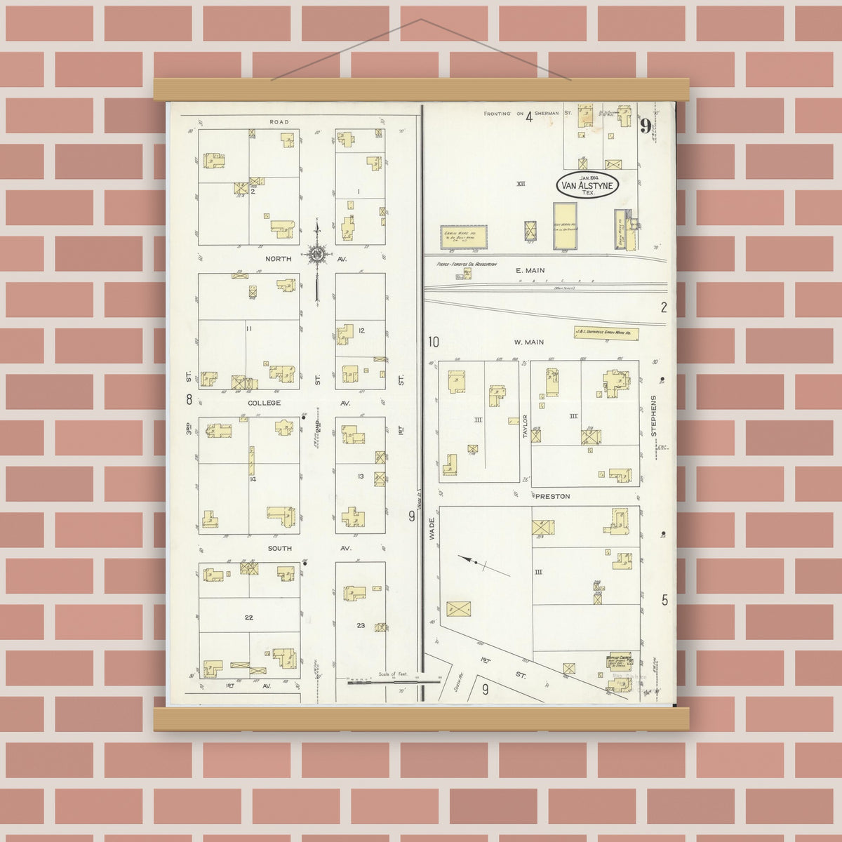 Old map wall art mockup — magnetic wood frame on brick wall — Sanborn Fire Insurance Map from Van Alstyne, Grayson County, Texas (1914), Sheet #0009