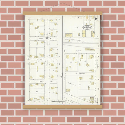 Old map wall art mockup — magnetic wood frame on brick wall — Sanborn Fire Insurance Map from Van Alstyne, Grayson County, Texas (1914), Sheet #0009