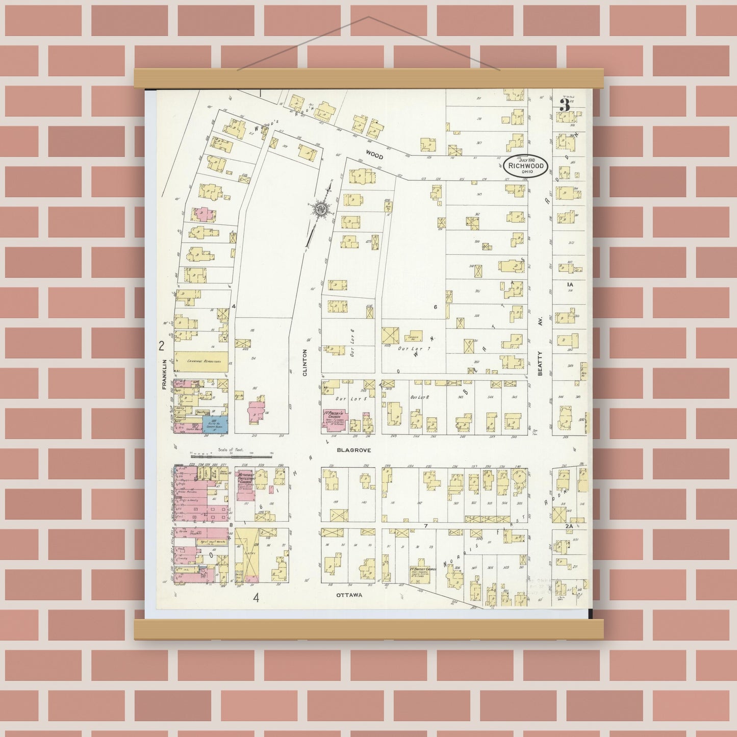 Old map wall art mockup — magnetic wood frame on brick wall — Sanborn Fire Insurance Map from Richwood, Union County, Ohio (1910), Sheet #0003