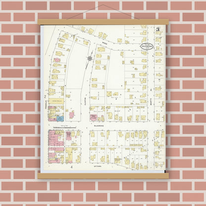 Old map wall art mockup — magnetic wood frame on brick wall — Sanborn Fire Insurance Map from Richwood, Union County, Ohio (1910), Sheet #0003