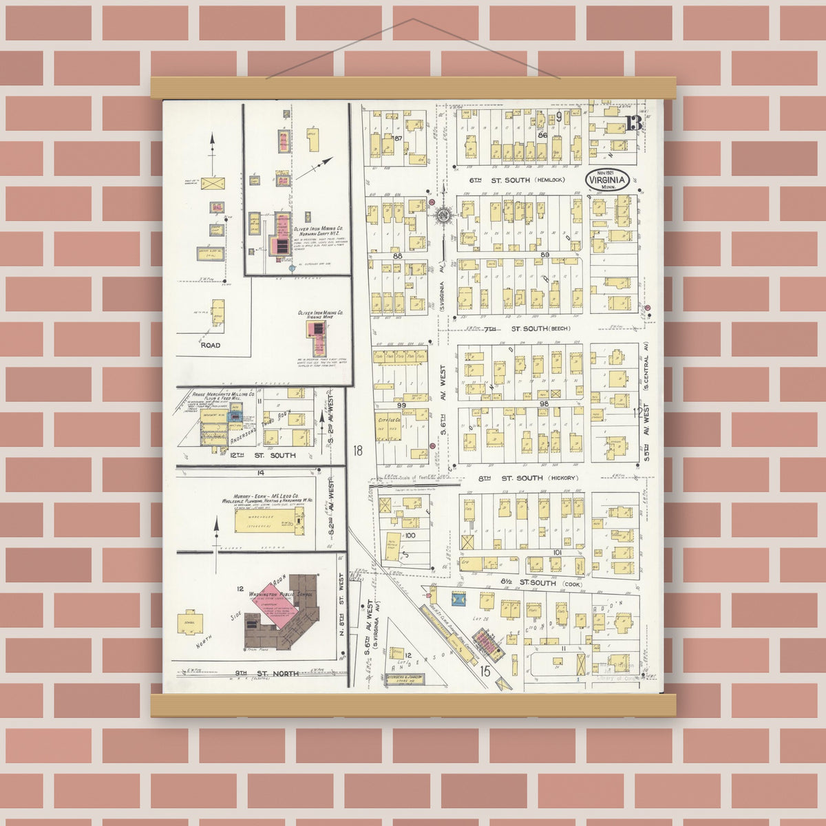 Old map wall art mockup — magnetic wood frame on brick wall — Sanborn Fire Insurance Map from Virginia, Saint Louis County, Minnesota (1921), Sheet #0013