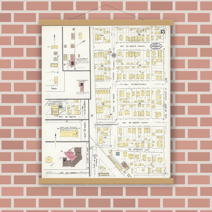 Old map wall art mockup — magnetic wood frame on brick wall — Sanborn Fire Insurance Map from Virginia, Saint Louis County, Minnesota (1921), Sheet #0013