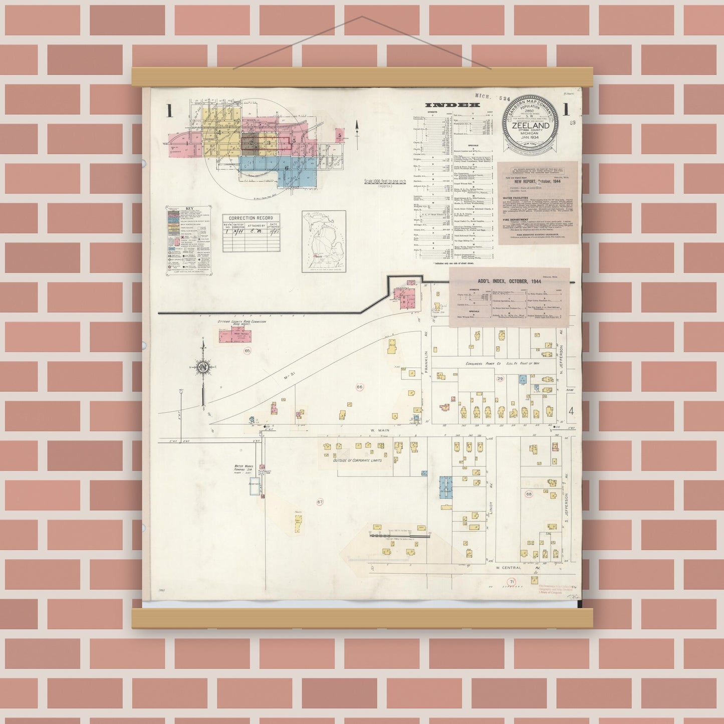 Old map wall art mockup — magnetic wood frame on brick wall — Sanborn Fire Insurance Map from Zeeland, Ottawa County, Michigan (1944), Sheet #0001